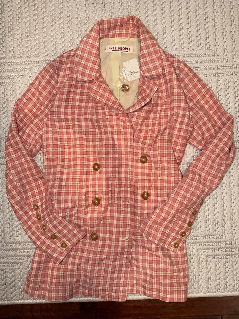 Free People Coral and Cream Plaid Double-Breasted Blazer